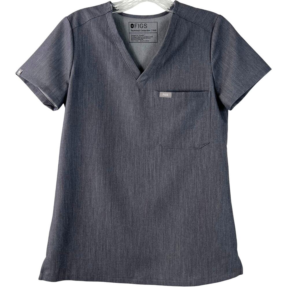 FIGS Women's Graphite Scrubs Top Short Sleeves V-Neckline Side Slits Size XXS